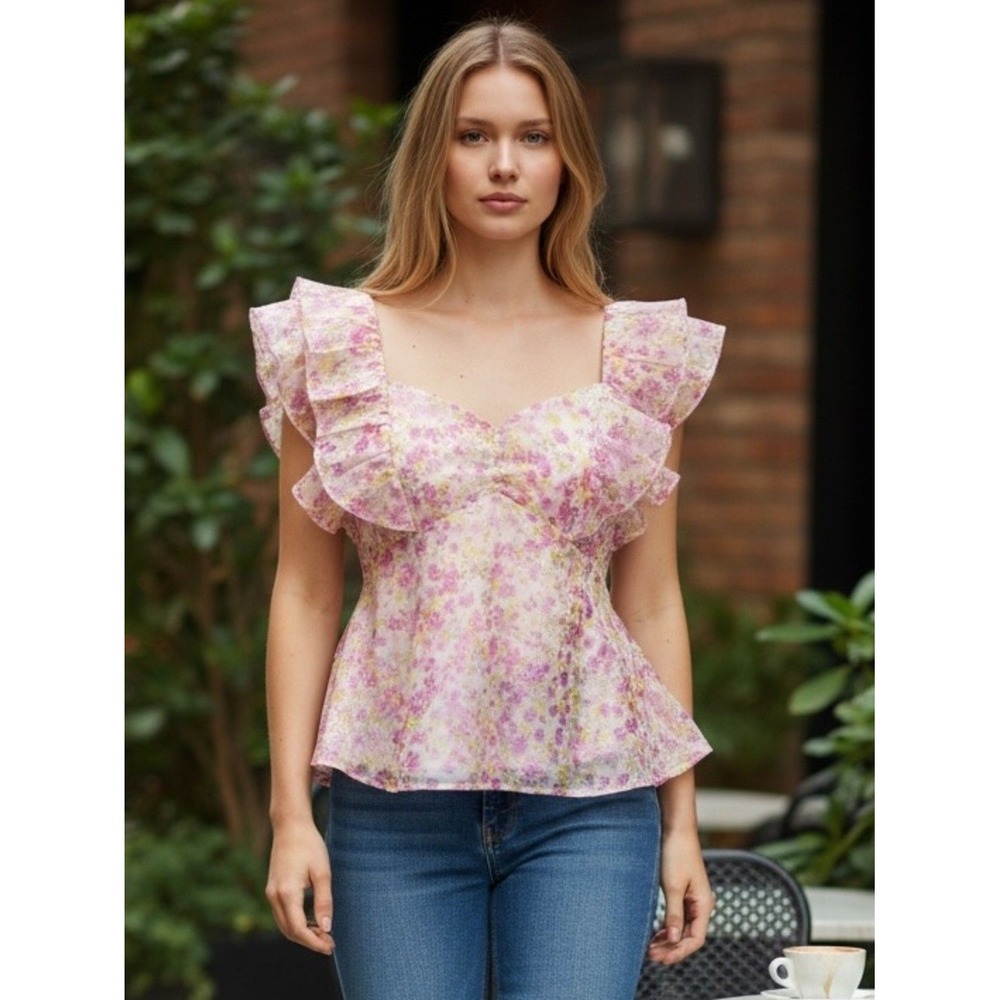 Wildfox Floral‎ Ruffle Peplum Top Pink Green Smocked Back Sweetheart Neck S
